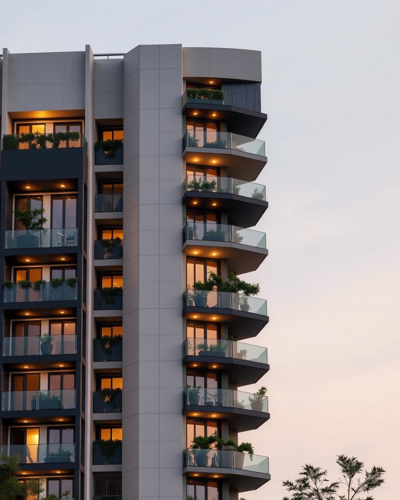 Aarav One residential tower at dusk